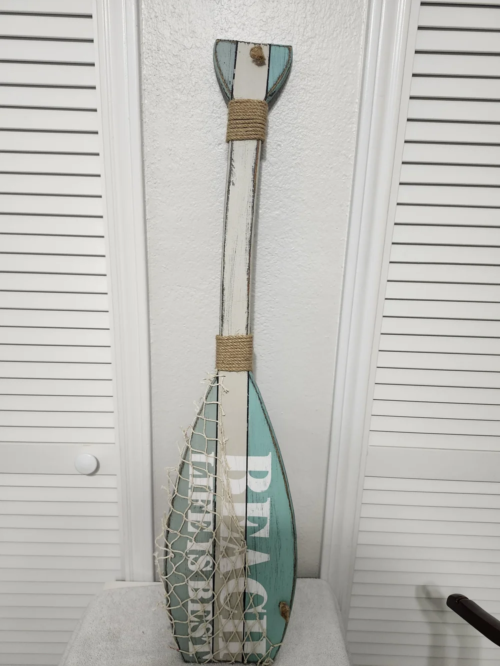 Coastal Aqua and White Decorative Oar with Rope Accent
